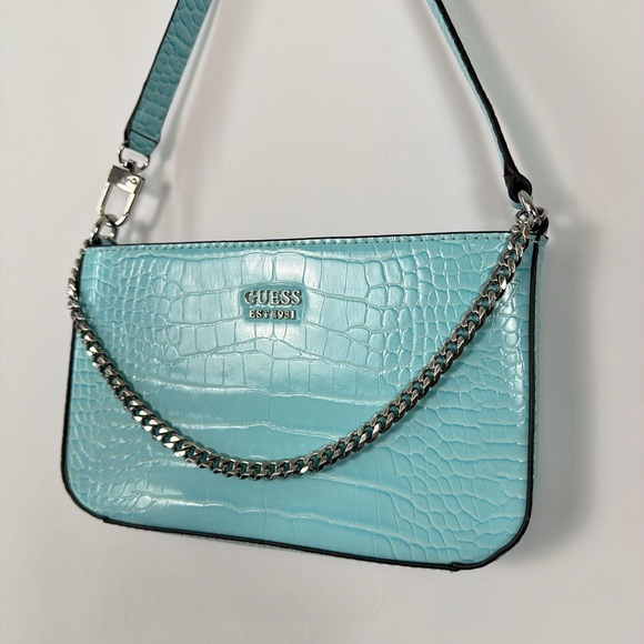 Guess Y2K Light Blue Croc Embossed Shoulder Bag Chain Mini Baguette Purse - Picture 2 of 8